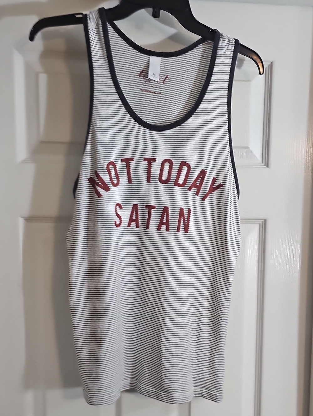 Striped White & Black Tank Top with Red 'Not Today Satan' Graphic
